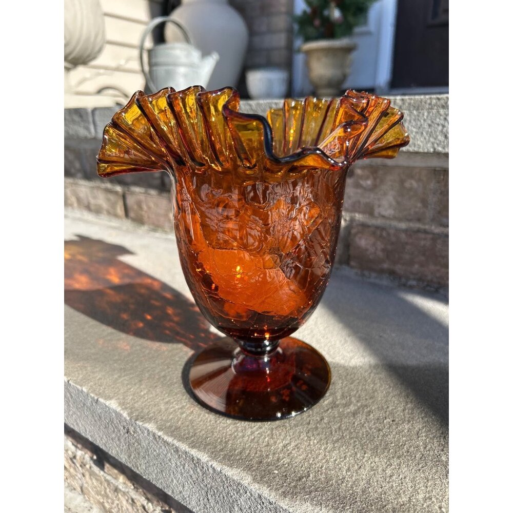 Vintage Blenko Brown Ruffled Glass Flower Vase.